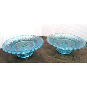 2 Vintage Duncan Miller Azure Blue Sandwich Glass Pedestal Dessert Stand Pair